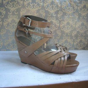 Pour La Victoire Tan Leather Platform Wedge Ankle Strap Sandal - Size 10